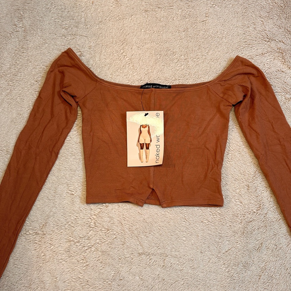 Naked Wardrobe Brown Off-Shoulder Crop Top